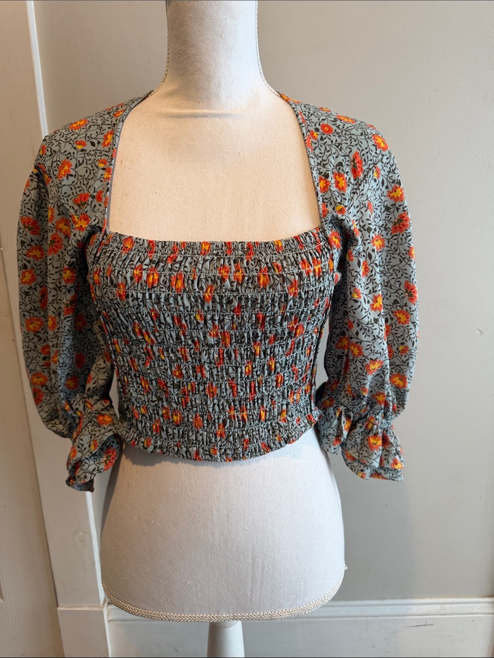 Sienna Sky Sage Green Smocked Crop Top with Orange Floral Print